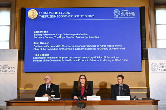 STOCKHOLM, SWEDEN, October 12, 2026 John Hassler, Chair of the Committee for the Prize in Economic Sciences in Memory of Alfred Nobel; Ellen Moons, Permanent Secretary of the Royal Swedish Academy of Sciences; and Timo Boppart, member of the Committee for the Pri  Copyright: xAndersxWiklund TTx EKONOMIPRISET NOBEL EHzodhzLJdI
