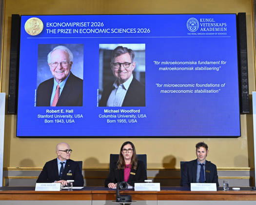 Robert E. Hall and Michael Woodford are announced as the laureates of the Sveriges Riksbank Prize in Economic Sciences in Memory of Alfred Nobel at the Royal Swedish Academy of Sciences in Stockholm, Sweden, on October 12, 2026 STOCKHOLM SWEDEN x10040x  Copyright: xAndersxWiklund TTx NOBEL PRIZE IN ECONOMICS 2026 CRye_7wv-fE