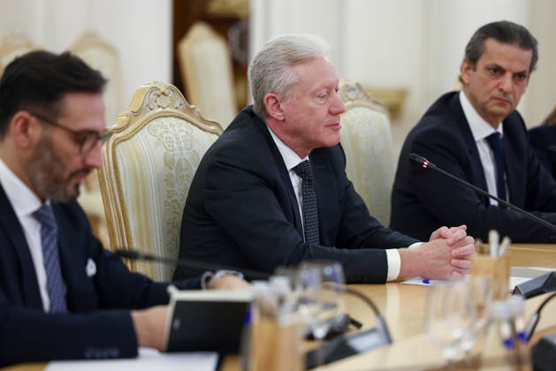 RUSSIA, MOSCOW - OCTOBER 12, 2026: Youssef Rajji (C), Lebanon s Minister of Foreign Affairs and Emigrants, attends a meeting with Sergei Lavrov, Russia s Foreign Minister, at the Reception House of the Foreign Ministry. Artyom Geodakyan TASS  99172873