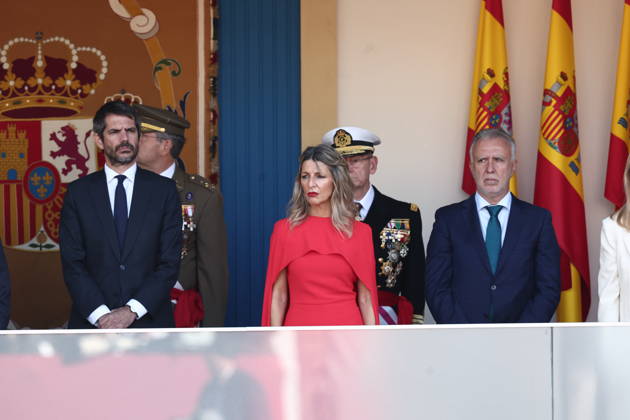 October 12 Parade for Hispanic Heritage Day I D The Minister of Culture, Ernest Urtasun, the Second Vice President and Minister of Labor and Social Economy, Yolanda Díaz, and the Minister of Territorial Policy and Democratic Memory, Ángel Víctor Torres, during the solemn ceremony honoring the national flag and the military parade for October 12, Hispanic Heritage Day, in the Plaza de Cánovas del Castillo, on October 12, 2026, in Madrid, Spain. The events begin with the flag-raising ceremony and are followed by a tribute to those who gave their lives for the country. Subsequently, the military air and ground parades begin. Approximately 4,400 members of the Armed Forces, the security forces, and various civilian public institutions are part Copyright: xEduardoxParrax 7840652
