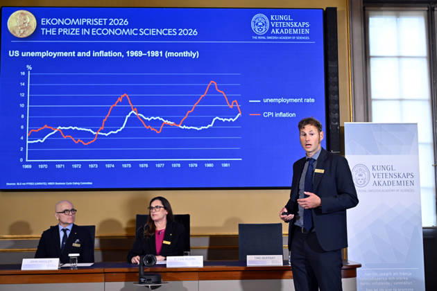 STOCKHOLM, SWEDEN, October 12, 2026 Timo Boppart, member of the Committee for the Prize in Economic Sciences in Memory of Alfred Nobel, presents this y  Copyright: xAndersxWiklund TTx EKONOMIPRISET NOBEL isoxq_4i8RA