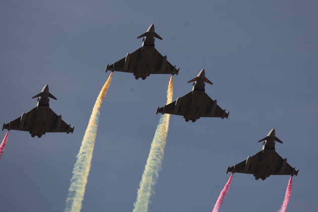 October 12 Parade for Hispanic Heritage Day: An air show by the Armed Forces during the solemn ceremony honoring the national flag and a military parade for October 12, Hispanic Heritage Day, at Plaza de Cánovas del Castillo, on October 12, 2026, in Madrid, Spain. The events begin with the raising of the flag and are followed by a tribute to those who gave their lives for the country. Subsequently, the military air and ground parades begin. Approximately 4,400 members of the Armed Forces, the security forces, and various civilian public institutions are participating this year in the parade presided over by the King and Queen. The aerial parade featured 50 fighter, training, and transport aircraft, as well as around 30 helicopters. On the Copyright: xEduardoxParrax 7840667