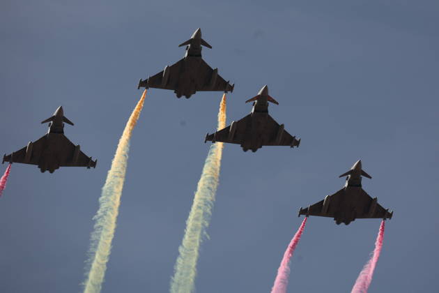 October 12 Parade for Hispanic Heritage Day: An air show by the Armed Forces during the solemn ceremony honoring the national flag and a military parade for October 12, Hispanic Heritage Day, at Plaza de Cánovas del Castillo, on October 12, 2026, in Madrid, Spain. The events begin with the raising of the flag and are followed by a tribute to those who gave their lives for the country. Subsequently, the military air and ground parades begin. Approximately 4,400 members of the Armed Forces, the security forces, and various civilian public institutions are participating this year in the parade presided over by the King and Queen. The aerial parade featured 50 fighter, training, and transport aircraft, as well as around 30 helicopters. On the Copyright: xEduardoxParrax 7840668