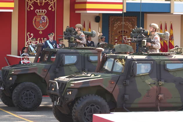 October 12 Parade for Hispanic Heritage Day Vehicles from the State Security Forces during the solemn ceremony honoring the national flag and the military parade on October 12, Hispanic Heritage Day, in Plaza de Cánovas del Castillo, on October 12, 2026, in Madrid, Spain. The events begin with the raising of the flag and are followed by a tribute to those who gave their lives for the country. Subsequently, the military air and ground parades begin. Approximately 4,400 members of the Armed Forces, the security forces, and various civilian public institutions are participating this year in the parade presided over by the King and Queen. The aerial parade featured 50 fighter, training, and transport aircraft, as well as around 30 helicopters. Copyright: xEduardoxParrax 7840694