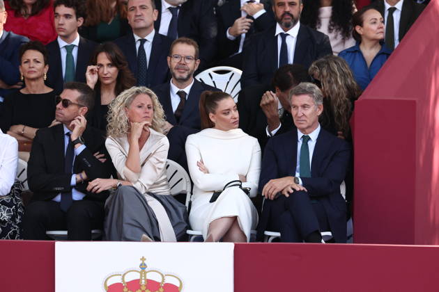 October 12 Parade for Hispanic Heritage Day: PP President Alberto Núnez Feijóo (left), PP Spokesperson in Congress Ester Munoz (center), and PSOE Federal Executive Spokesperson Montse Mínguez (right), during the solemn ceremony honoring the national flag and the military parade for October 12, Hispanic Heritage Day, in the Plaza de Cánovas del Castillo, on October 12, 2026, in Madrid, Spain. The events began with the raising of the flag, followed by a tribute to those who gave their lives for the country. Subsequently, the air and ground military parades began. Approximately 4,400 members of the Armed Forces, the security forces, and various civilian public institutions are participating this year in the parade presided over by the King an Copyright: xEduardoxParrax 7840695