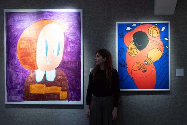 Bonhams 20th 21st Century Art Day Evening Sales Highlights Photocall - Bonhams, London, UK - 12 October, 2026 A staff member views (L) - Untitled by Andre Butzer (est. Â£45k - Â£65k) and (R) - Keep on Singing III by Everlyn Nicodemus (est. Â£7k - Â£10k) as part of Bonhams 20th 21st Century Art Day Evening Sales which is to go on auction from 15th - 16th October 2026 at Bonhams in London, England, UK on Monday 12 October, 2026., Credit:Justin Ng Avalon UK, England, London, Bonhams  Copyright: xJustinxNgx xAvalonx 1142586622