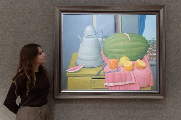 Bonhams 20th 21st Century Art Day Evening Sales Highlights Photocall - Bonhams, London, UK - 12 October, 2026 A staff member views Still Life with Watermelon by Fernando Botero (est. Â£220k - Â£350k) as part of Bonhams 20th 21st Century Art Day Evening Sales which is to go on auction from 15th - 16th October 2026 at Bonhams in London, England, UK on Monday 12 October, 2026., Credit:Justin Ng Avalon UK, England, London, Bonhams  Copyright: xJustinxNgx xAvalonx 1142586626
