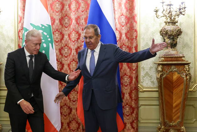 RUSSIA, MOSCOW - OCTOBER 12, 2026: Youssef Rajji (L), Lebanon s Minister of Foreign Affairs and Emigrants, and Sergei Lavrov, Russia s Foreign Minister, arrive for a meeting at the Reception House of the Foreign Ministry. Artyom Geodakyan TASS  99173818