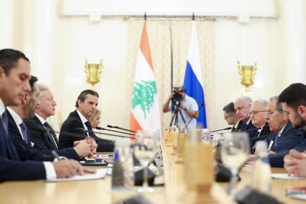 RUSSIA, MOSCOW - OCTOBER 12, 2026: Youssef Rajji (3rd L), Lebanon s Minister of Foreign Affairs and Emigrants, and Sergei Lavrov (2nd R), Russia s Foreign Minister, hold a meeting at the Reception House of the Foreign Ministry. Artyom Geodakyan TASS  99174301
