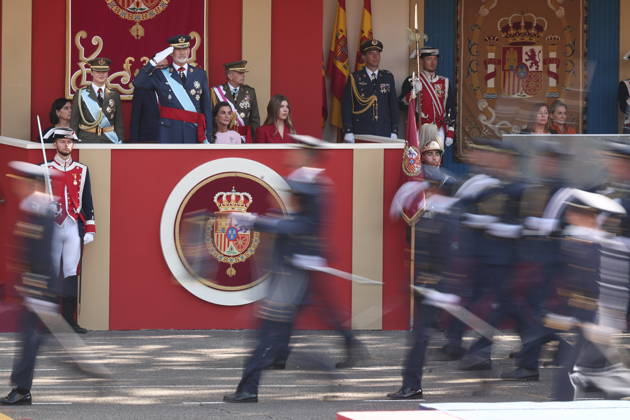 October 12 Parade for Hispanic Heritage Day I D Princess Leonor, King Felipe VI, Queen Letizia, and Infanta Sofía, during the solemn ceremony honoring the national flag and the military parade for October 12, Hispanic Heritage Day, in the Plaza de Cánovas del Castillo, on October 12, 2026, in Madrid, Spain. The ceremonies begin with the raising of the flag and are followed by a tribute to those who gave their lives for the country. Subsequently, the military air and ground parades begin. Approximately 4,400 members of the Armed Forces, the security forces, and various civilian public institutions are participating this year in the parade presided over by the King and Queen. The aerial parade featured 50 fighter, training, and transport air Copyright: xEduardoxParrax 7840704