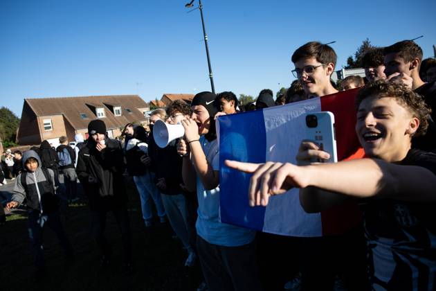 DENAIN: MOUSSERON HIGH SCHOOL PROTEST; PHOTOPQR; VOIX DU NORD; PIERRE ROUANET; OCTOBER 12, 2026; DENAIN, OCTOBER 12, 2026: National High School Student Protest Movement, blockade of high schools, high school students’ anger This Monday morning in front of Mousseron High School in Denain, along with students from Kastler PHOTO PIERRE ROUANET LA VOIX DU NORD Since late September, students across France have been holding protests against underfunding in education and have been blocking access to many high schools HAUTS-DE-FRANCE France  Copyright: xPHOTOPQR VOIXxDUxNORD MAXPPPxPIERRExROUANETx 20261012VDN0286 20261012VDN0286