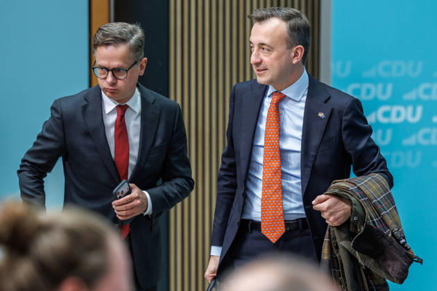 Pressekonferenz mit dem Vorsitzenden der CDU Deutschlands, Bundeskanzler Friedrich Merz und der Generalsekretärin der CDU Deutschlands Franziska Hoppermann Carsten Linnemann, Bundesminister für Gesundheit der Bundesrepublik Deutschland und Paul Ziemiak am 12.10.2026 im Konrad-Adenauer-Haus in Berlin. Berlin Berlin Deutschland CDU-Bundesgeschäftsstelle (Konrad-Adenauer-Haus)