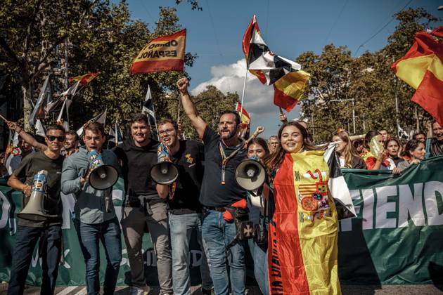 October 12, 2026, Barcelona, Catalonia, Spain: Demonstrators chant slogans during a rally marking SpainÃ¢â‚¬â ¢s National Day. Barcelona Spain - ZUMAo105 20261012_fap_o105_035 Copyright: xMatthiasxOesterlex