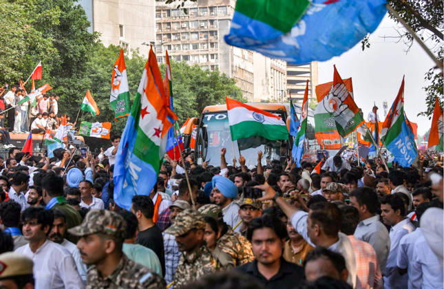 INDIA Bloc leaders protest over the SIR row New Delhi, Oct 12 (ANI): Protesters gather during the INDIA bloc-led protest march to the Supreme Court over the Special Intensive Revision (SIR) row, in New Delhi on Monday. NEW DELHI Delhi India Copyright: xANIx ANI_20261012332