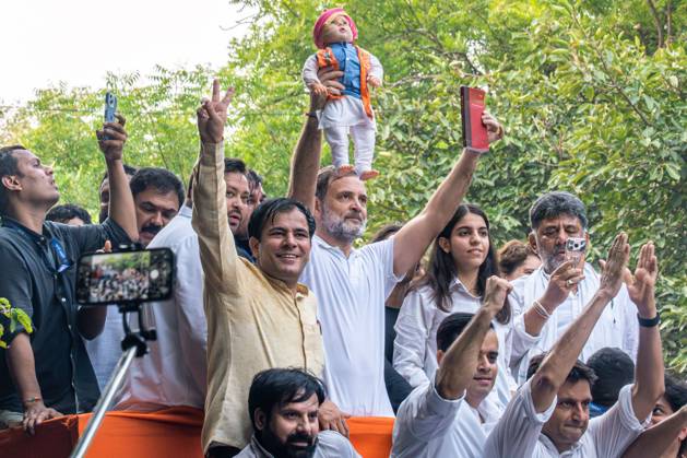 October 12, 2026, New Delhi, India: NEW DELHI, INDIA, OCTOBER 12, 2026: Congress leader Rahul Gandhi and INDIA bloc leaders march towards the Supreme Court in New Delhi, demanding the resignation of Chief Election Commissioner Gyanesh Kumar over alleged irregularities in the Special Intensive Revision (SIR) of electoral rolls. The march takes place amid heavy security deployment and barricades in central Delhi. The Election Commission denies wrongdoing. New Delhi India - ZUMAq101 20261012_zna_q101_109 Copyright: xYannixRawatx