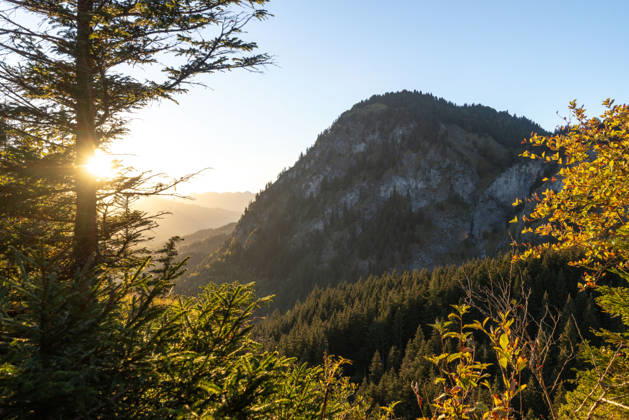 Herbstabend im Allgäu Blick in die Abendsonne in den bayerischen Alpen bei Oberjoch., Bad Hindelang Bayern Deutschland