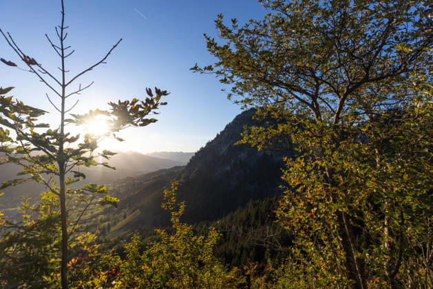 Herbstabend im Allgäu Blick in die Abendsonne in den bayerischen Alpen bei Oberjoch., Bad Hindelang Bayern Deutschland