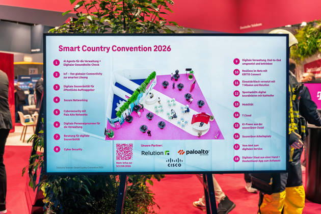 Berlin, 13.10.2026: Ein Bildschirm zeigt den Standplan der Deutschen Telekom auf der Smart Country Convention 2026 mit 18 Themeninseln, darunter KI-Agenten für die Verwaltung, digitale Souveränität für öffentliche Auftraggeber, Cybersecurity mit Palo Alto Networks, die T Cloud sowie die Deutschland-App; als Partner werden Relution, Palo Alto Networks und Cisco genannt. Rechts im Bild steht eine Person in Feuerwehr-Einsatzkleidung, passend zum Themenfeld einsatzkritischer Kommunikation für Behörden und Organisationen mit Sicherheitsaufgaben. Die Smart Country Convention (SCCON) ist die Kongressmesse für die Digitalisierung des öffentlichen Sektors und wird vom Digitalverband Bitkom gemeinsam mit der Messe Berlin veranstaltet. Vom 13