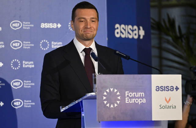 Vox leader Abascal and RN chief Bardella attend Forum Europa in Madrid MADRID, SPAIN - OCTOBER 13: President of France s far-right National Rally (Rassemblement National - RN) party Jordan Bardella speaks during the Forum Europa session in Madrid, Spain, on October 13, 2026. Burak Akbulut Anadolu Madrid Spain. Editorial use only. Please get in touch for any other usage.  Copyright: x2026xAnadoluxBurakxAkbulutx