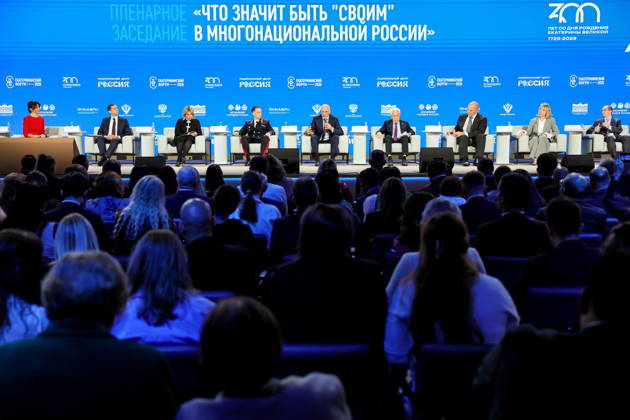 RUSSIA, MOSCOW - OCTOBER 13, 2026: Andrei Yemelyanov, Deputy Head of the Russian Federal Agency for the CIS, Compatriots Abroad, and International Humanitarian Cooperation (Rossotrudnichestvo), Maria Zakharova, Press Secretary of the Russian Foreign Ministry, Konstantin Bukreyev, First Deputy Head of the Ñitizenship and Foreign Citizens Registration Service under the Russian Interior Ministry, Magomedsalam Magomedov, Deputy Chief of Staff, Russian Presidential Executive Office, Vladimir Vasilyev, Vice Speaker of the Russian State Duma, Alexander Karelin of the Foreign Affairs Committee, Russian Federation Council, Irina Korotkova, Inconsult K CEO, and Ruslan Gagkuyev (L-R), Board Chairman of the Russian Historical Society, Executive Directo 99234092