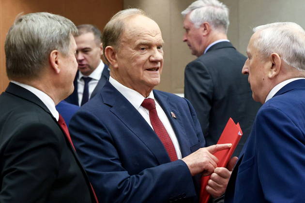 RUSSIA, MOSCOW - OCTOBER 13, 2026: Gennady Zyuganov (C), faction leader of the Russian Communist Party (KRPF), attends a plenary meeting of the Russian State Duma. Russian State Duma Press Office TASS  99238243