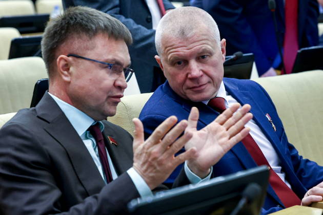 RUSSIA, MOSCOW - OCTOBER 13, 2026: Russian State Duma members Sergei Kazankov (L) and Oleg Novitsky attend a plenary meeting of the Russian State Duma. Russian State Duma Press Office TASS  99239213