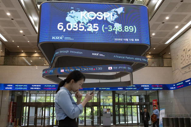 South Korea Stocks Plunge As KOSPI Drops Sharply At KRX In Seoul A Korea Exchange (KRX) employee looks at her smartphone while walking past a display board showing the closing KOSPI index at 6,035.35 (-348.89) in Yeouido, Seoul, South Korea, on October 13, 2026. Seoul Seoul South Korea  Copyright: xChrisxJungx originalFilename: jung-southkor261013_np5AM.jpg