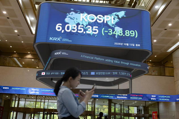 South Korea Stocks Plunge As KOSPI Drops Sharply At KRX In Seoul A Korea Exchange (KRX) employee looks at her smartphone while walking past a display board showing the closing KOSPI index at 6,035.35 (-348.89) in Yeouido, Seoul, South Korea, on October 13, 2026. Seoul Seoul South Korea  Copyright: xChrisxJungx originalFilename: jung-southkor261013_npGRQ.jpg