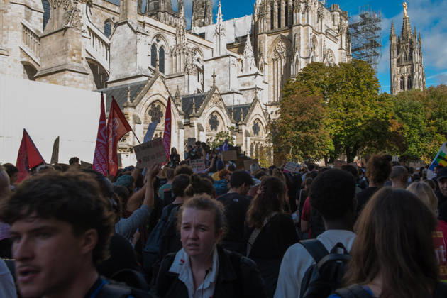 High School Stdent Mobilisation - Bordeaux Protesters gather with placards and flags outside Saint-André Cathedral during Act V of the high school student mobilisation in Bordeaux, France on October 13, 2026, demonstrating against education reforms. Photo by Fabrice Sapte ABACAPRESS.COM Bordeaux France  Copyright: xSaptexFabrice ABACAx