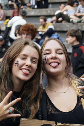 High School Student Mobilisation - Toulouse Two young women are sticking out their tongues, with the letter - A (for anarchy) painted on their cheeks. Act V of the secondary school and university students protests. Young people and the world of work are continuing their joint mobilisation and demands for adequate resources for education, better study conditions, an end to student precariousness, and access to housing. France, Toulouse, 13 October 2026. Photo by Patricia Huchot-Boissier AbacaPress.com. TOULOUSE OCCITANIE France  Copyright: xHuchot-BoissierxPatricia ABACAx