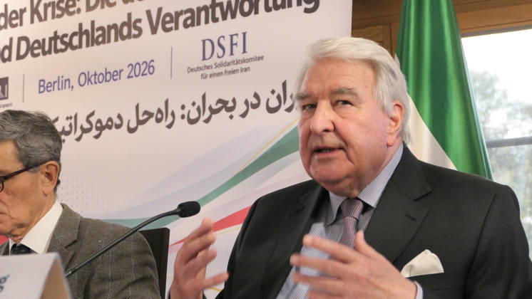 October 14, 2026, Berlin, Germany: Leo Dautzenberg, Chairman of the German Solidarity Committee for a Free Iran (DSFI) and former Bundestag MP, gestures while delivering his address in front of the conference backdrop. The conference, titled Iran in Crisis: The Democratic Solution and Germany s Responsibility, was organized by the German Solidarity Committee for a Free Iran (DSFI) and the Association of German-Iranians (GDI) at Hopfingerbräu am Brandenburger Tor in Berlin, Germany, on October 14, 2026. The conference brought together German federal lawmakers, former diplomats, and witnesses to discuss human rights, democratic prospects for Iran, and an open letter signed by 80 German dignitaries protesting the Friedrich Naumann Foundati - ZUMAs197 20261014_aaa_s197_467 Copyright: xSiavoshxHosseinix