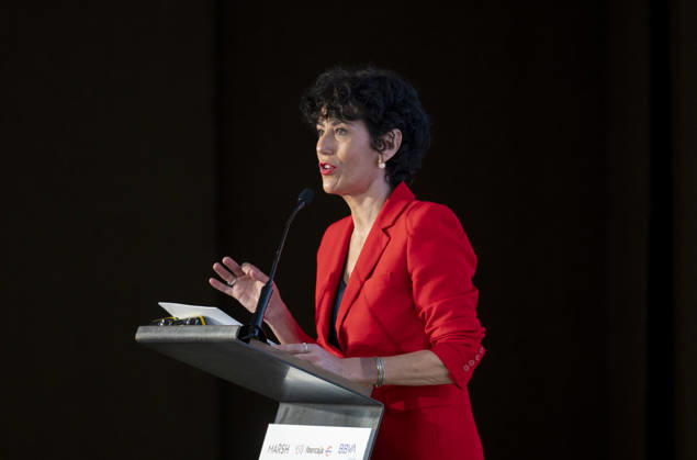 Elma Saiz Opens the 2026 Pensions Forum Elma Saiz, Minister of Inclusion, Social Security, and Migration and government spokesperson, speaks during the opening of the 2026 Pensions Forum, at the COAM headquarters on October 15, 2026, in Madrid, Spain. The forum was organized by APD, BBVA Seguros, Ibercaja, Marsh, Santander Seguros, and VidaCaixa. October 15, 2026, Madrid, Spain  Copyright: xAlbertoxOrtegax 7846811