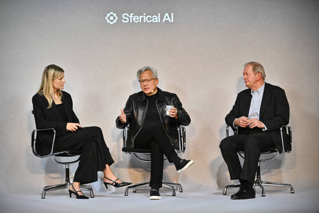 STOCKHOLM, SWEDEN 20261015 Jenny Nordlöw, CEO of Sferical AI, Jensen Huang, CEO of Nvidia, and Marcus Wallenberg during the Sferical One event organized by Nvidia at Eric Ericsonhallen on Thursday, STOCKHOLM, SWEDEN x10040x  Copyright: xAndersxWiklund TTx SFERICAL ONE NVIDIA Oa5qM3GLEEc