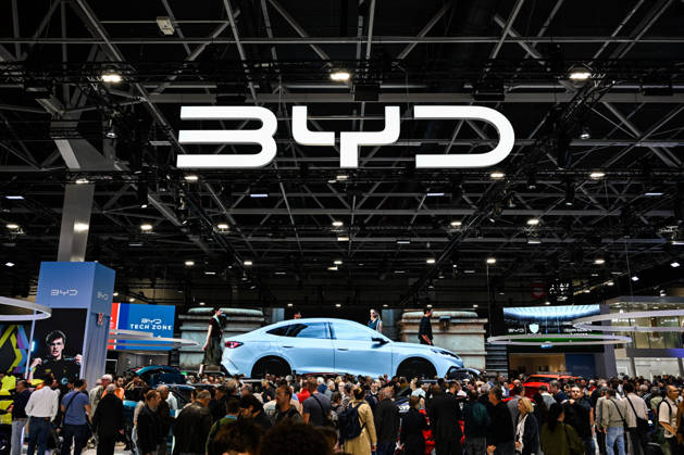 Paris Motor Show 2026 BYD automobile logo, Chinese automaker at the International Motor Show 2026 in Paris Porte de Versailles on October 15,2026. Photo by Tomas Stevens ABACAPRESS.COM Paris France  Copyright: xStevensxTomas ABACAx