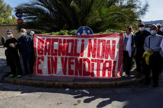 IPA89763005 - NAPLES, ITALY — OCTOBER 16, 2026: Environmental activists, students, and unemployed people take to the streets in the Bagnoli district of Naples to protest the city government’s handling of the environmental remediation of the former Italsider steelworks site. The demonstration focuses on the ongoing redevelopment work in the area, where facilities for the 38th Louis Vuitton America’s Cup—scheduled to take place in Naples in 2027—are being built. Protesters raise concerns about environmental protection, the remediation process, and the project’s impact on the local community.  Copyright: xAntonioxBalasco LiveMediax xAntonioxBalasco LiveMediax IPA89763005