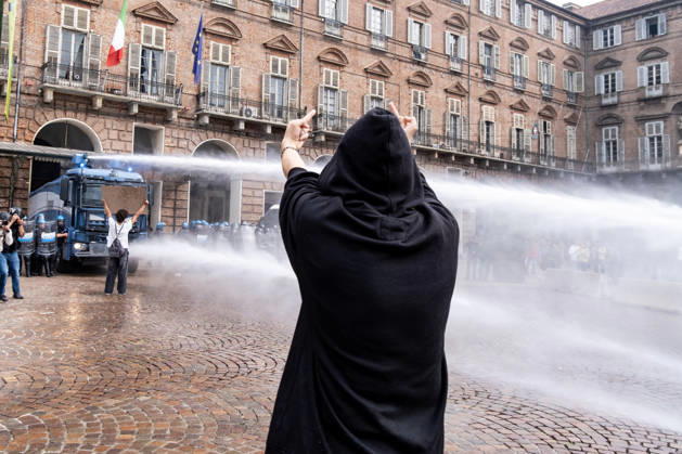 October 16, 2026, Turin, Piedmont, Italy: After days of occupations at many high schools across the city, following the French model, on Friday, October 16, in Turin, thousands of students took to the streets to protest the lack of resources in the school system and the inadequate condition of school buildings. The protesters marched through the city, stopping in front of Porta Susa, where teachers formed a human chain to separate them from the police. Lastly, in Piazza Castello, the police used water cannons and tear gas to disperse the demonstration, which had arrived outside the police headquarters. Turin Italy - ZUMAs377 20261016_znp_s377_036 Copyright: xPietroxStariccox