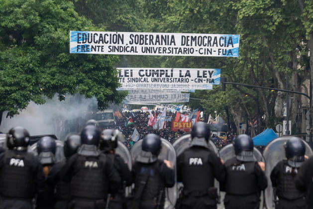 October 16, 2026, Buenos Aires, Buenos Aires, Argentina: Police officers disperse protesters during the fifth university march demanding compliance with the University Budget Law in Argentina. Buenos Aires Argentina - ZUMAp265 20261016_zip_p265_057 Copyright: xDelfinaxCorberaxPix
