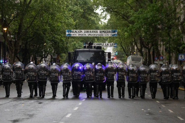 October 16, 2026, Buenos Aires, Buenos Aires, Argentina: Police officers disperse protesters during the fifth university march demanding compliance with the University Budget Law in Argentina. Buenos Aires Argentina - ZUMAp265 20261016_zip_p265_059 Copyright: xDelfinaxCorberaxPix