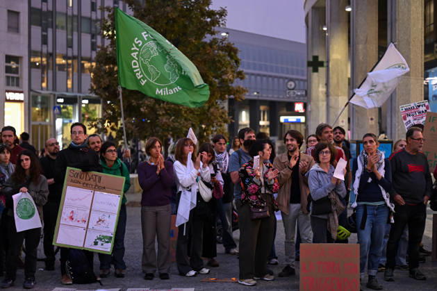 Fridays for Future climate strike in Milan, Italy MILAN, ITALY - OCTOBER 16: Climate activists from Fridays for Future hold placards during a nationwide climate strike in Milan, Italy, on October 16, 2026. Demonstrations are taking place in more than 25 Italian cities, with protesters demanding stronger government action against climate change, faster progress towards renewable energy and greater climate justice. Piero Cruciatti Anadolu Milan Italy. Editorial use only. Please get in touch for any other usage.  Copyright: x2026xAnadoluxPieroxCruciattix