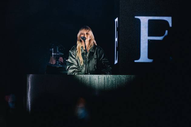 Belgian singer Angele pictured during the Angele Instinct Release Party , a surprise party organized by the Brussels singer to celebrate the release of her album Instinct at the Grote Markt Grand Place, in Brussels, Friday 16 October 2026.  EMILExWINDAL 190025714