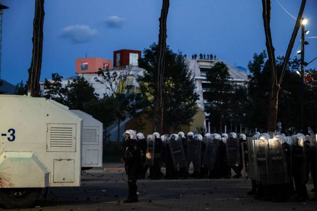 October 16, 2026, Tirana, Albania: TIRANA, ALBANIA, OCTOBER 16, 2026: Student-led anti-government demonstrations continue for a fourth consecutive day in Tirana, demanding improved education conditions and the resignation of Prime Minister Edi Rama. Protesters clash with riot police as officers deploy tear gas to disperse crowds. The demonstrations follow several days of unrest that have damaged public buildings and businesses. Tirana Albania - ZUMAq101 20261016_zna_q101_474 Copyright: xVlasovxSulajx