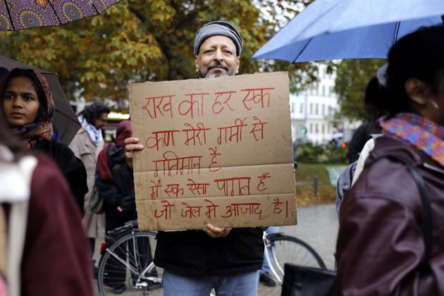 October 17, 2026, Berlin, Germany: BERLIN, GERMANY - OCTOBER 17, 2026: A small group of demonstrators hold placards at Oranienplatz in the Kreuzberg district to show solidarity with mass protests in India and to protest against the crackdown on them, as several people take the floor to discuss the situation. The demonstration followed a call by Neha Bora, president of the All India Studentsâ€⠢ Association (AISA), for people everywhere to back the protests, saying â€oeeverywhere is Jantar Mantarâ€Â, the site in Delhi where the main protests are taking place. The protests demand the resignation of Chief Election Commissioner Gyanesh Kumar over a revision of electoral rolls that opponents say led to the mass deletion of voters, whi - ZUMAq101 20261017_zna_q101_076 Copyright: xAlessiaxCoccax