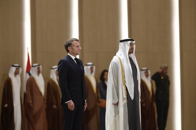 President Macron Visit To Middle East - Abu Dhabi Sheikh Mohamed bin Zayed Al Nahyan, President of the United Arab Emirates (UAE), and French President Emmanuel Macron review troops upon Macron s arrival at Zayed International Airport in Abu Dhabi, United Arab Emirates, October 19, 2026. Photo by Benoit Tessier Pool ABACAPRESS.COM Abu Dhabi United Arab Emirates Copyright: xTessierxBenoit Pool ABACAx