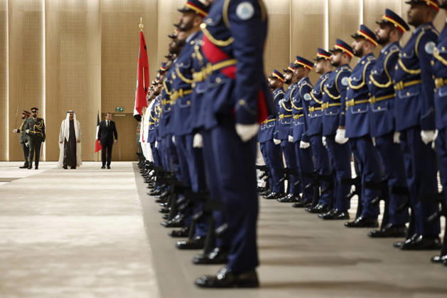 President Macron Visit To Middle East - Abu Dhabi Sheikh Mohamed bin Zayed Al Nahyan, President of the United Arab Emirates (UAE), and French President Emmanuel Macron review troops upon Macron s arrival at Zayed International Airport in Abu Dhabi, United Arab Emirates, October 19, 2026. Photo by Benoit Tessier Pool ABACAPRESS.COM Abu Dhabi United Arab Emirates Copyright: xTessierxBenoit Pool ABACAx
