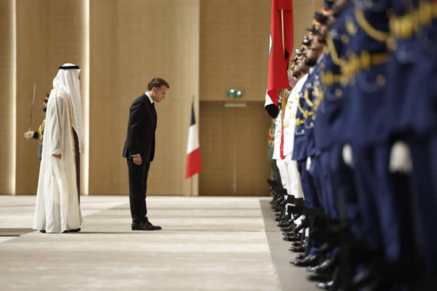 President Macron Visit To Middle East - Abu Dhabi Sheikh Mohamed bin Zayed Al Nahyan, President of the United Arab Emirates (UAE), and French President Emmanuel Macron review troops upon Macron s arrival at Zayed International Airport in Abu Dhabi, United Arab Emirates, October 19, 2026. Photo by Benoit Tessier Pool ABACAPRESS.COM Abu Dhabi United Arab Emirates Copyright: xTessierxBenoit Pool ABACAx