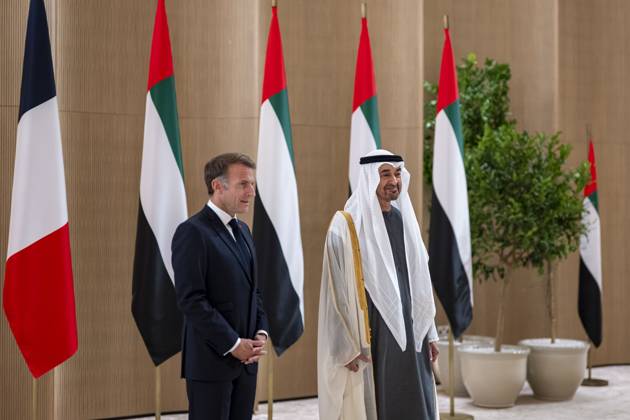Macron visits UAE on second stop of four-nation Gulf tour ABU DHABI, UAE - OCTOBER 19: (----EDITORIAL USE ONLY - MANDATORY CREDIT - UAE PRESIDENTIAL PALACE HANDOUT - NO MARKETING NO ADVERTISING CAMPAIGNS - DISTRIBUTED AS A SERVICE TO CLIENTS----) UAE President Sheikh Mohamed bin Zayed Al Nahyan (R) welcomes French President Emmanuel Macron (L), who arrived in the United Arab Emirates, marking the second leg of his four-nation Gulf tour, at Qasr Al Watan in the capital Abu Dhabi on October 19, 2026. UAE Presidential Palace Anadolu Abu Dhabi United Arab Emirates. Editorial use only. Please get in touch for any other usage.  Copyright: x2026xAnadoluxUAExPresidentialxPalacex