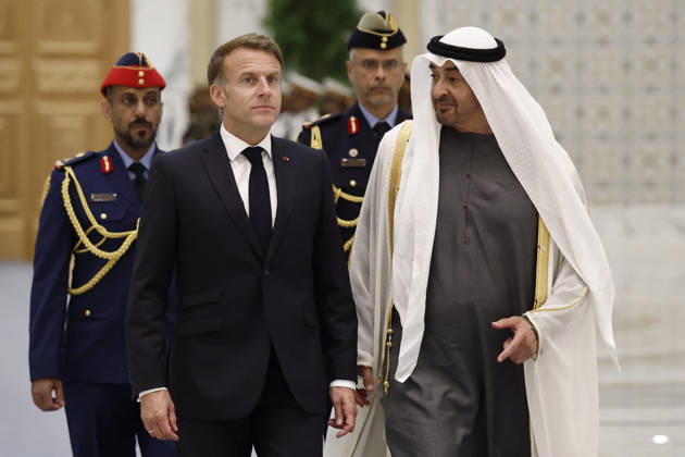 President Macron Visit To Middle East - Abu Dhabi Sheikh Mohamed bin Zayed Al Nahyan, President of the United Arab Emirates (UAE), welcomes French President Emmanuel Macron for a meeting at Qasr Al Watan presidential palace in Abu Dhabi, United Arab Emirates, October 19, 2026. Photo by Benoit Tessier Pool ABACAPRESS.COM Abu Dhabi United Arab Emirates  Copyright: xTessierxBenoit Pool ABACAx