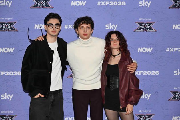 IPA89927943 - Milan, Italy: X Factor 2026 photocall featuring the 12 official contestants IRAMA S TEAM In the photo: Le Distanze (Andrea Manuel Pagella, Saverio Campese, Corinna Lanari)  Copyright: xNickxZonnax xNickxZonnax IPA89927943