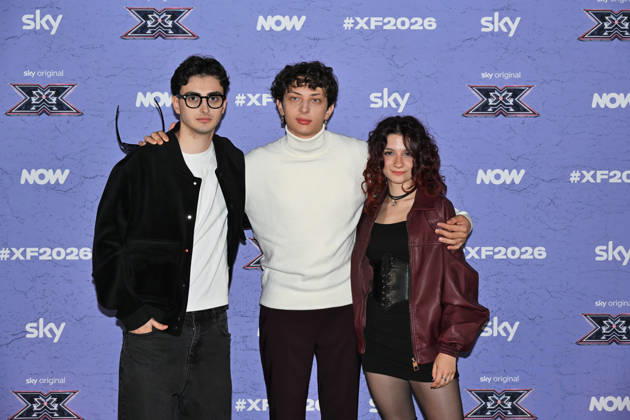 IPA89927946 - Milan, Italy: X Factor 2026 photocall featuring the 12 official contestants IRAMA S TEAM In the photo: Le Distanze (Andrea Manuel Pagella, Saverio Campese, Corinna Lanari)  Copyright: xNickxZonnax xNickxZonnax IPA89927946