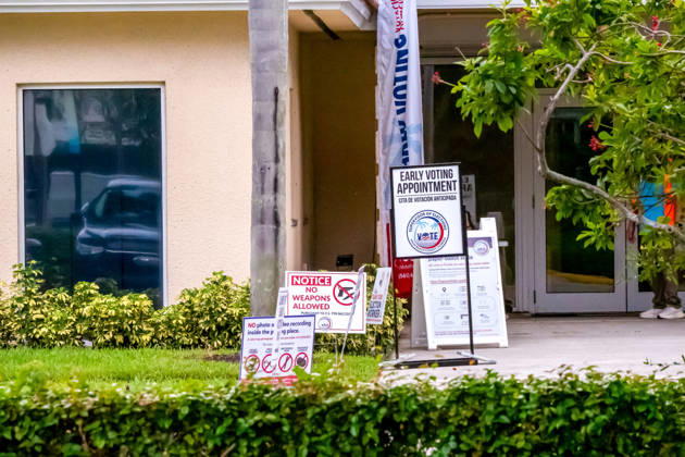 October 19, 2026, U.S.: Official election notices, including an Early Voting Appointment sign from Palm Beach County Supervisor of Elections a Notice: No Weapons Allowed sign, and a No photo or video recording inside the polling place warning, stand outside an early voting site in Delray Beach, Florida, on October 19, 2026. The signage outlines polling place policies and regulations as early voting kicks off across Palm Beach County for upcoming local, state, and federal elections. U.S. - ZUMAc343 20261019_znp_c343_006 Copyright: xChrisxBeckettx